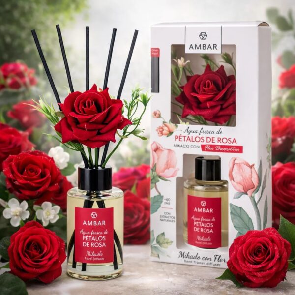 🌹 Mikado : Diffuseur Mikado avec Fleur Décorative Ambar "pétales de rose " 🌹